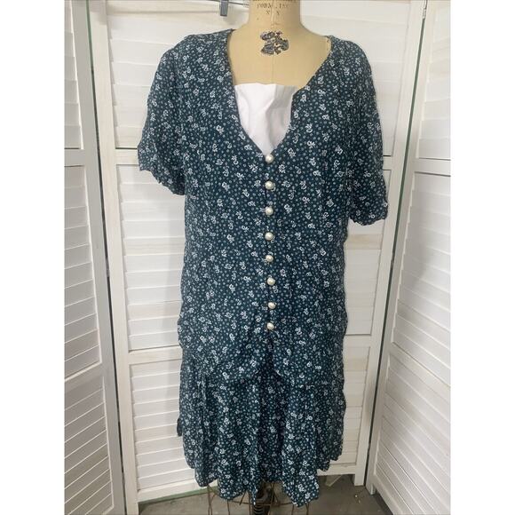 Vintage 80s 90s Floral Green Bib Knee Length Dress Layered Pullover Sz 20 - Picture 1 of 10